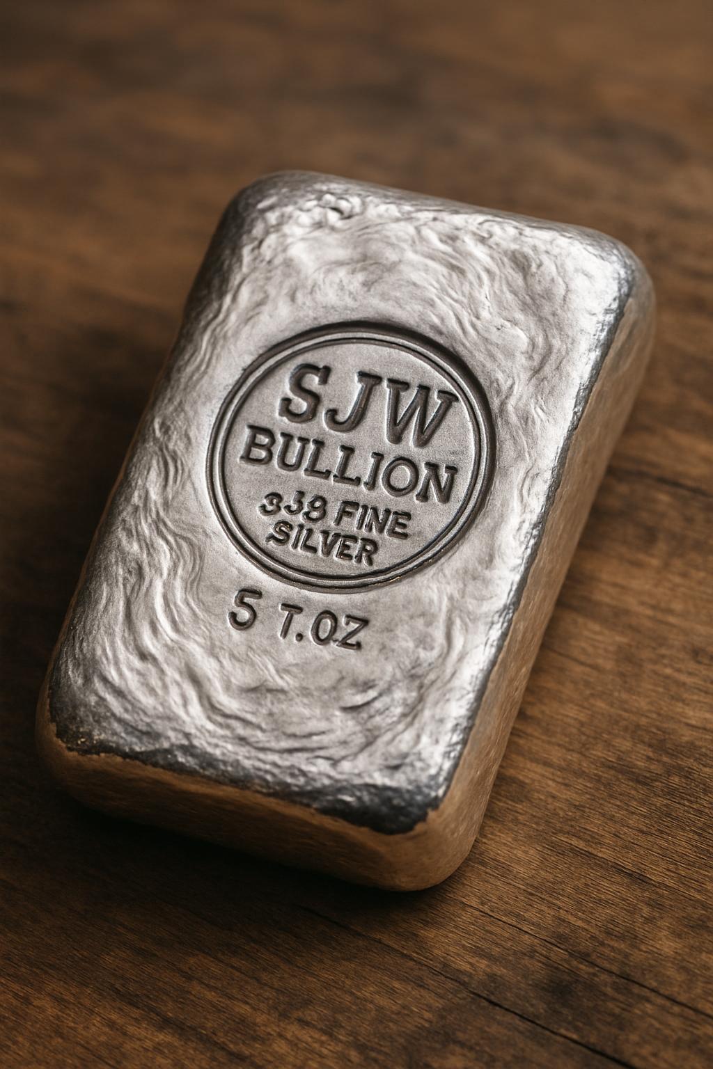 The alt text for the image is: "5oz fine silver SJW Bullion bar on a wooden surface."